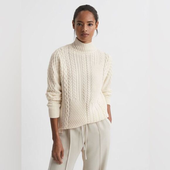 REISS NWT SWEATER MARTHA CABLE KNIT HIGH NECK JUMPER CREAM SIZE XS - Picture 1 of 14
